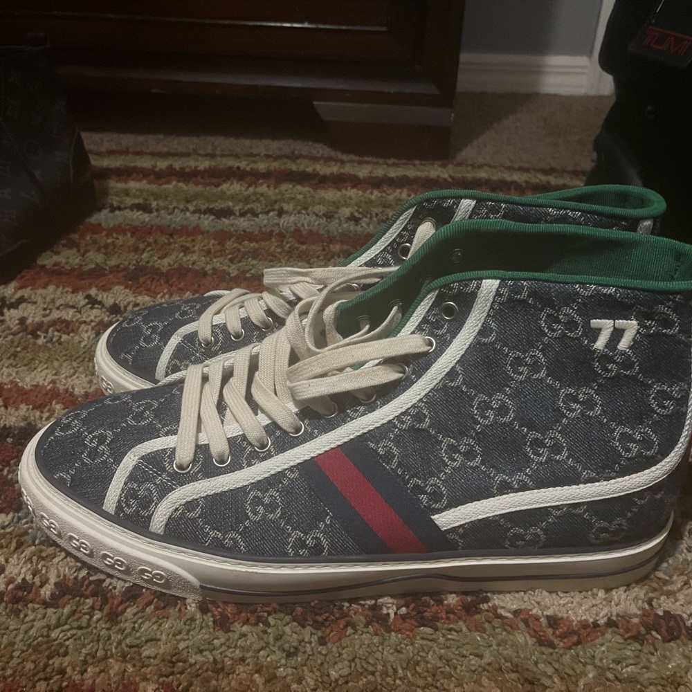Gucci Navy and Red Patterned High-Top Sneakers